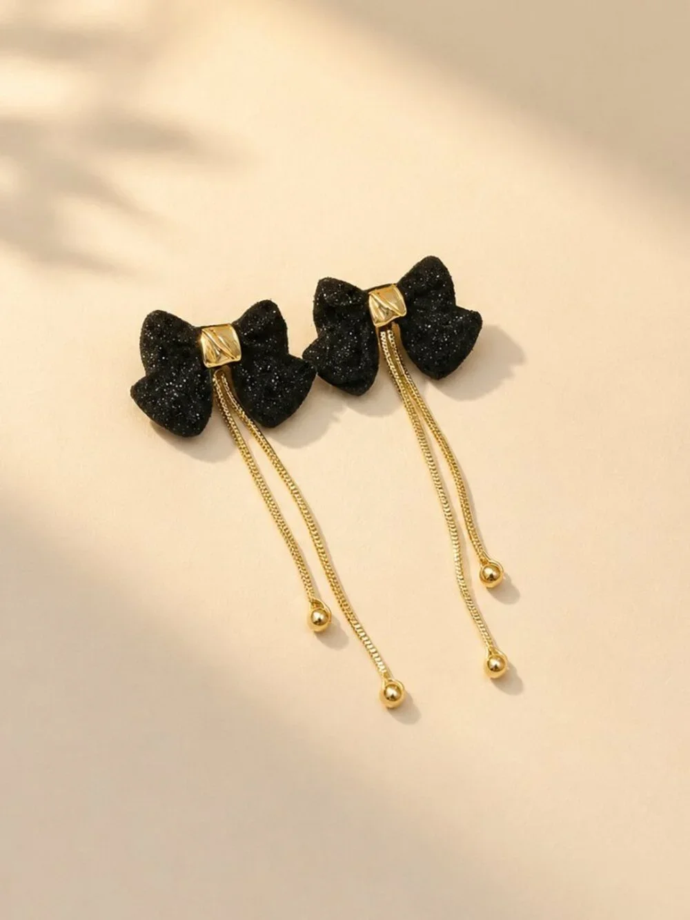 Black Glitter Bow Gold Chain Tassel Drop Earrings